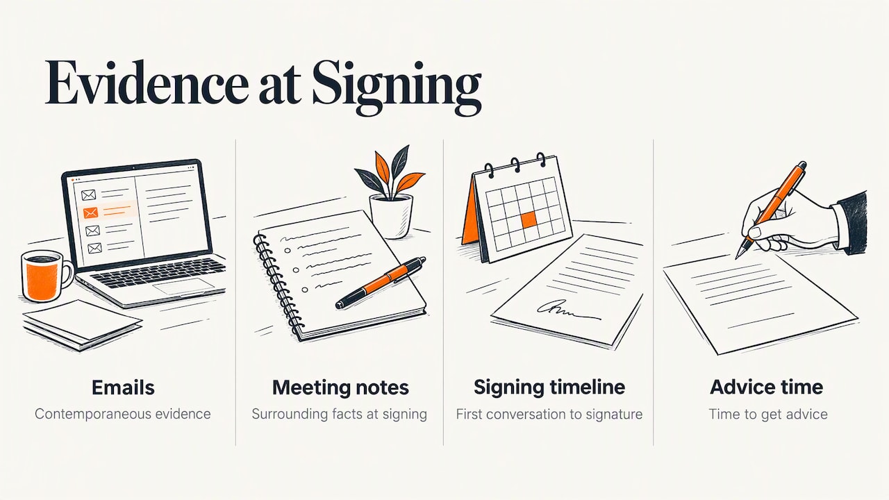 Four evidence types relevant to an agreement challenge