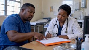 Claimant reviewing an RAF 1 form with doctor