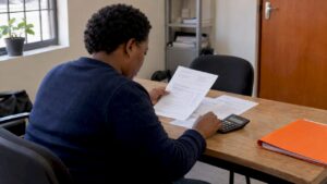Consumer reviewing debt figures with a calculator