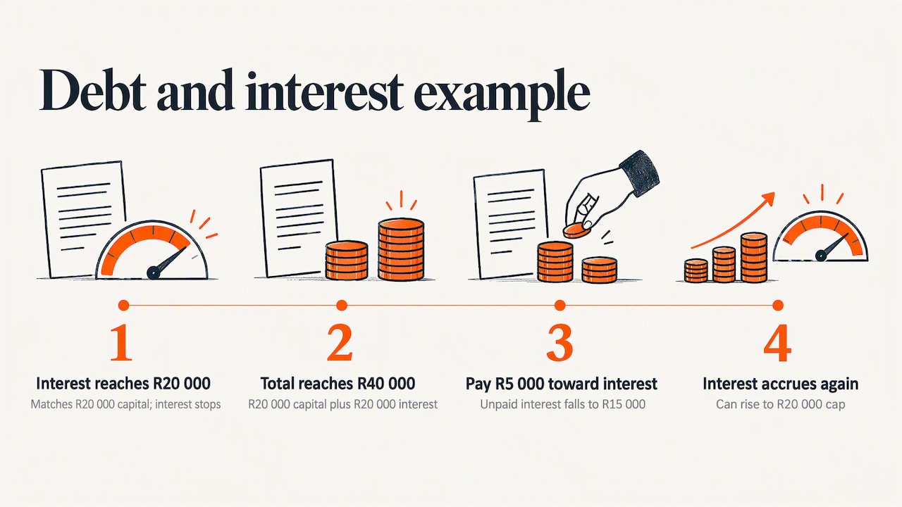 Debt example showing interest cap and payment